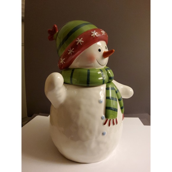 Vintage Linens and Things Happy Snowman Cookie Jar - Picture 2 of 5